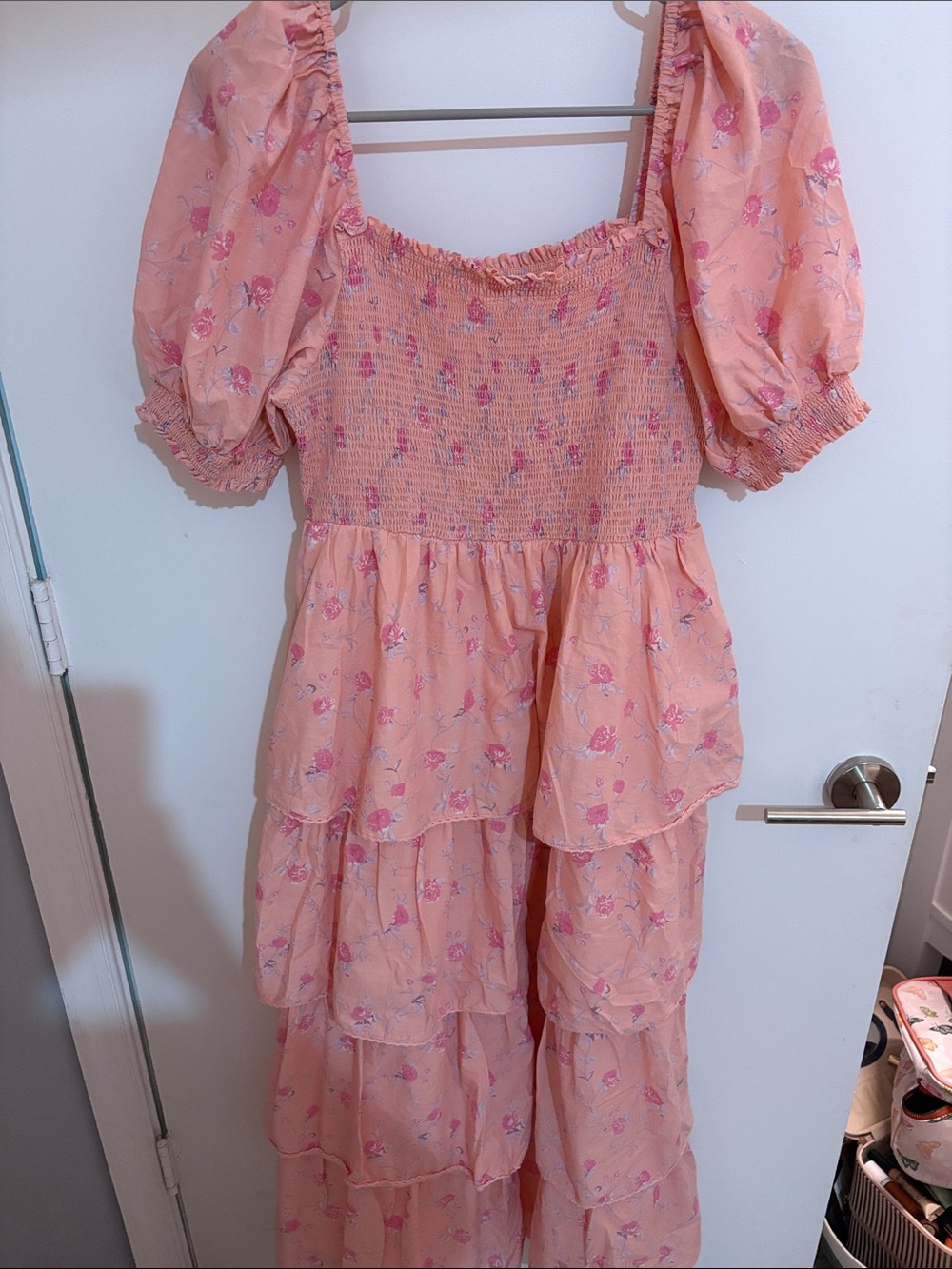 LoveShackFancy Peach Floral Tiered Maxi Dress with Puff Sleeves Size Medium NWOT